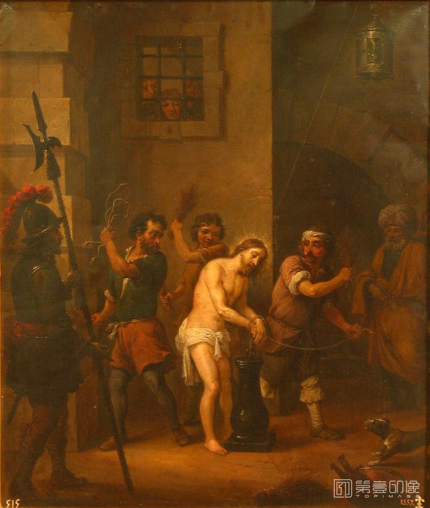 油画-西班牙普拉多美术馆油画藏画-Teniers, David-La Flagelación de Cristo-43cm x 37cm-2679